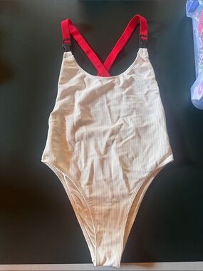 Frankie's Bikinis white One-Piece with Red Straps